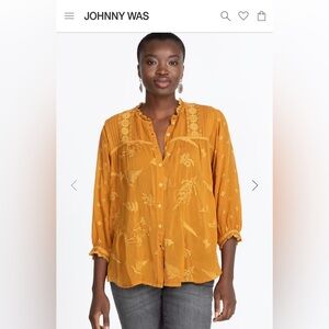 Johnny Was Mustard Floral Embroidered Blouse